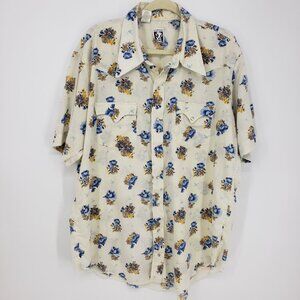Vintage Karman Floral Print Western Pearl Snap Shirt XL EXTRA LONG Men's Cream